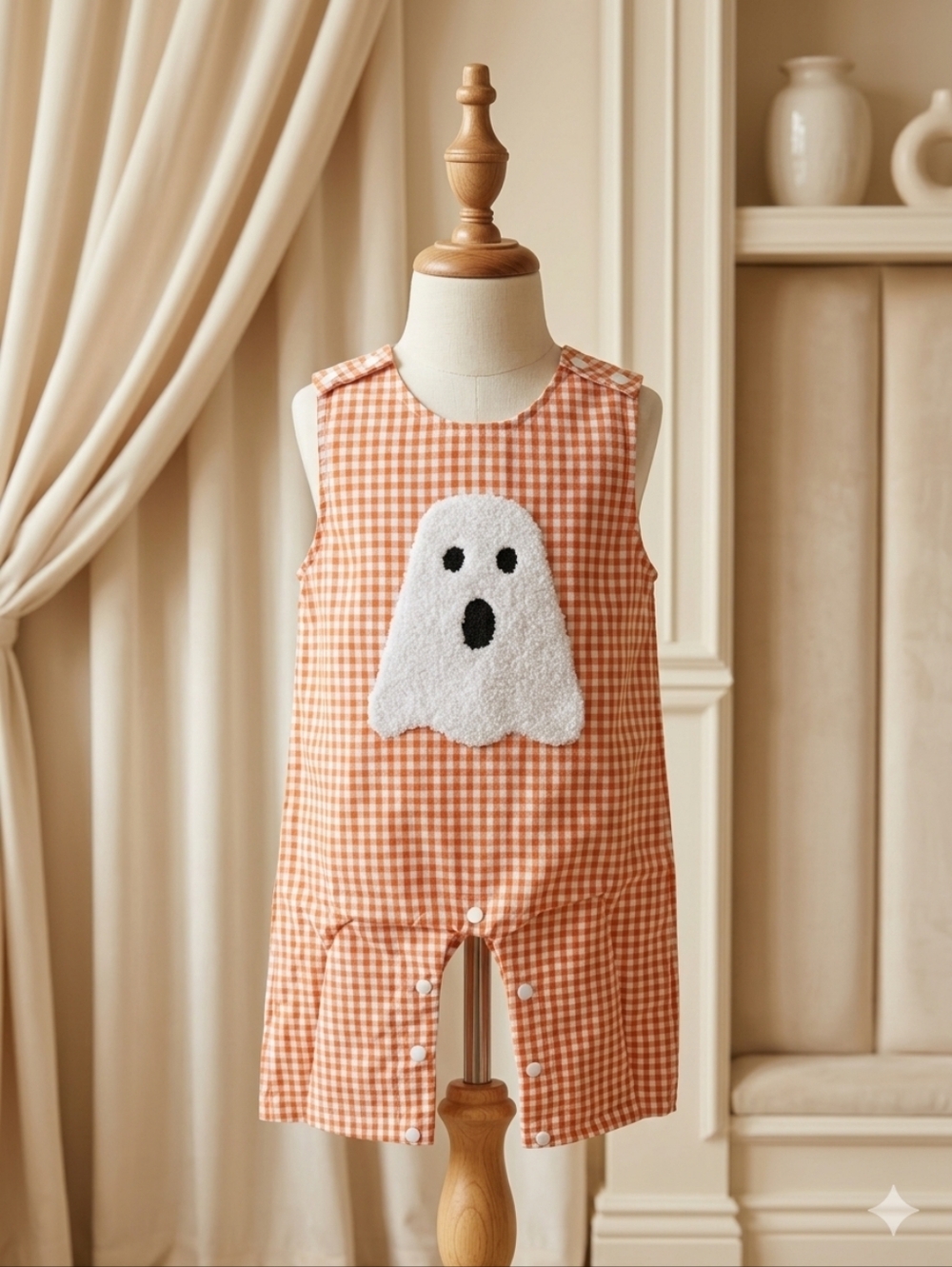 Unishe Orange Gingham Ghost Appliqué Jon Jon 3D Fuzzy Halloween Bubble 🎃👻
